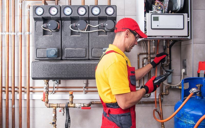 A man is working on a heating system in a room.