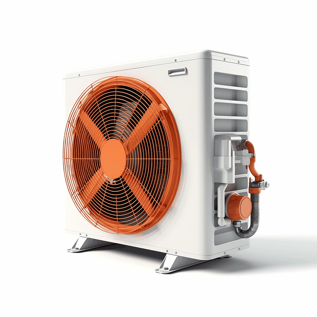 A white air conditioner with an orange fan on a white background.