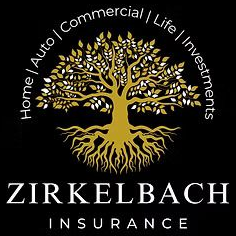 Zirkelbach Insurance logo with gold tree and “Home | Auto | Commercial | Life | Investments” text on black background