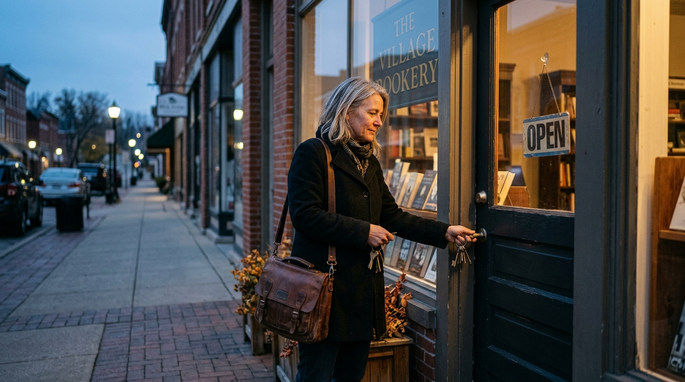 Small business owner reviewing insurance documents at a desk inside a shop in Southern Illinois