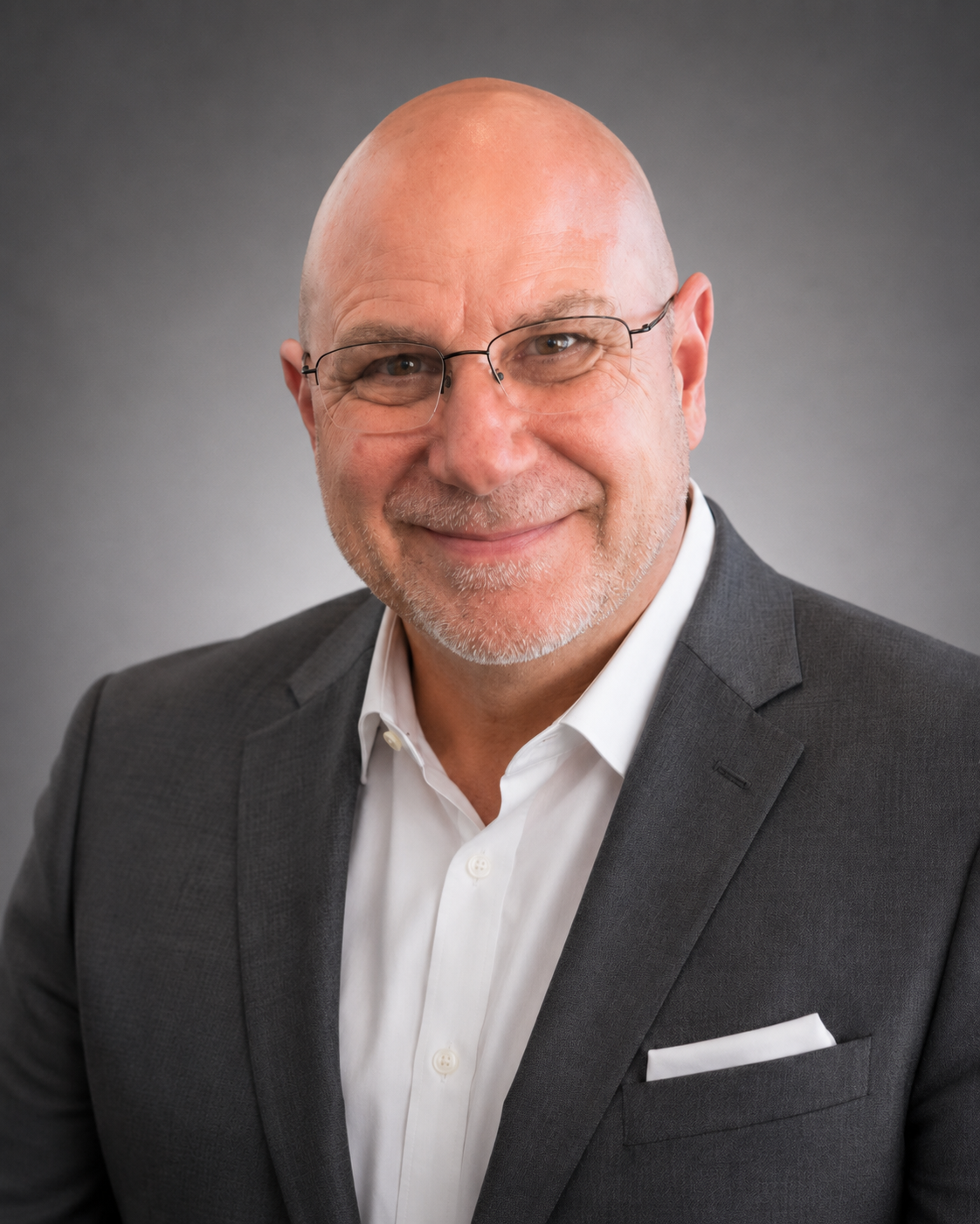 Smiling man in a gray suit and white shirt against a gray studio background.