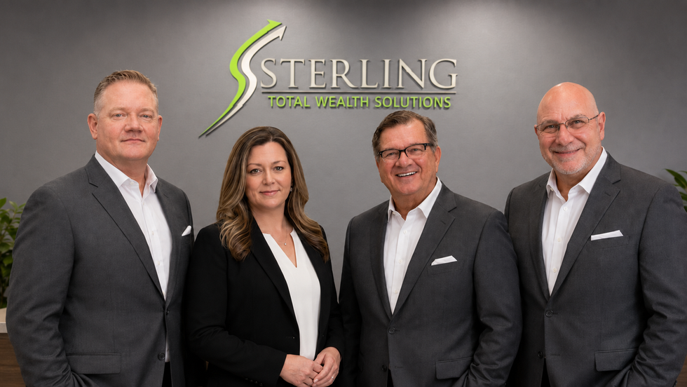 Four professionals posing in front of the Sterling Wealth Solutions logo, wearing business attire.
