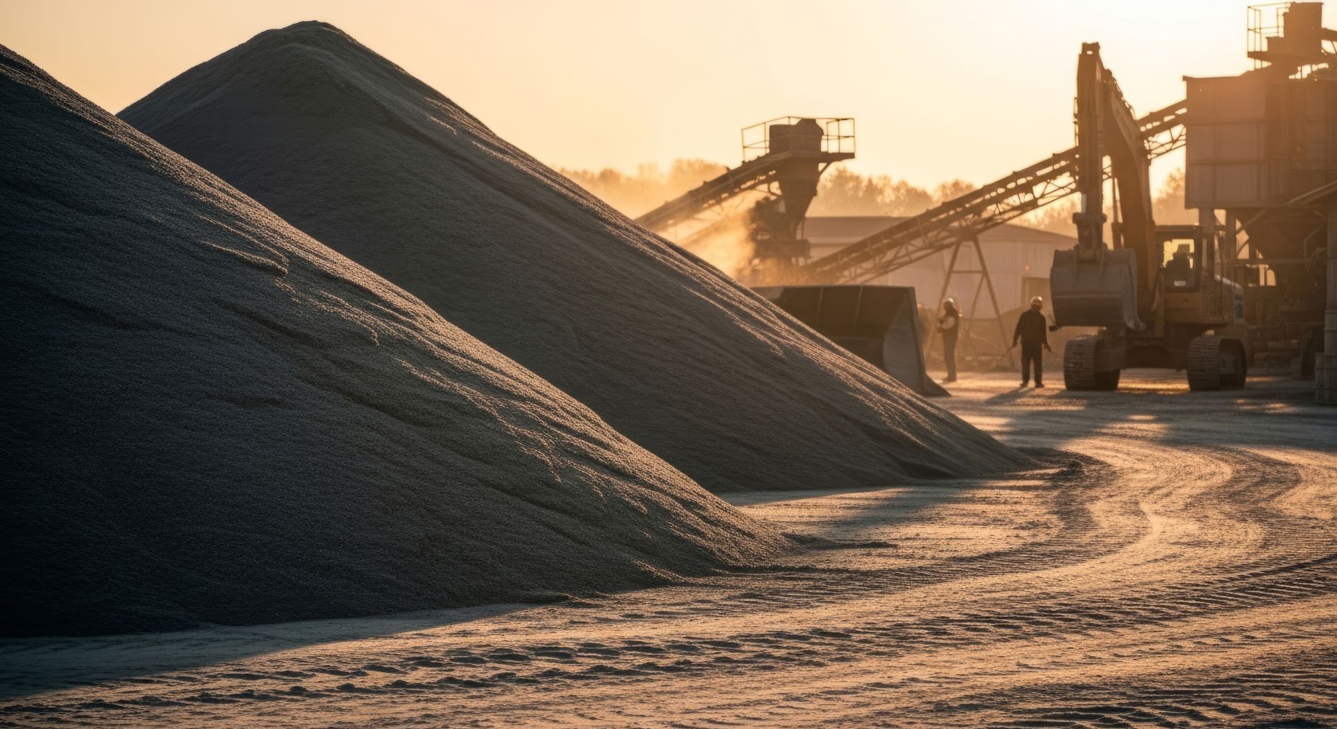 industrial site showing large piles of sand and gravel