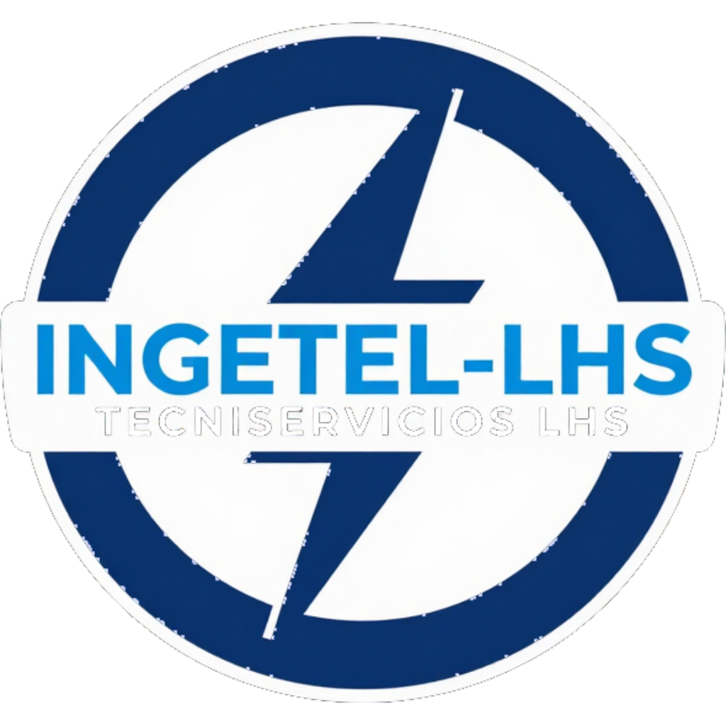 Logotipo de INGETEL-LHS con círculo azul, rayo blanco y texto azul claro sobre fondo blanco.