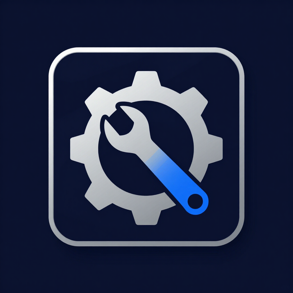 Icono de configuración con un engranaje plateado y una llave inglesa azul sobre un fondo cuadrado oscuro.