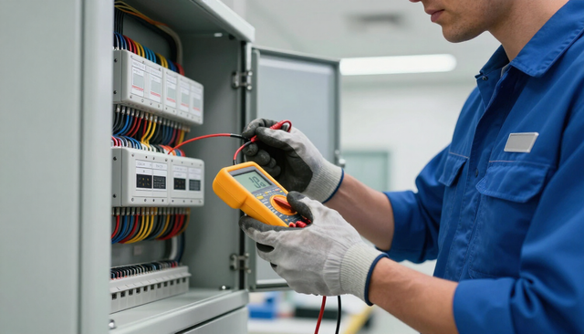 Técnico probando un panel de control eléctrico con un multímetro en un armario de cableado.