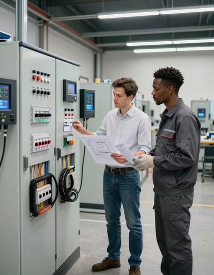 Dos técnicos revisando un panel de control con una tableta en una sala de equipos industriales.