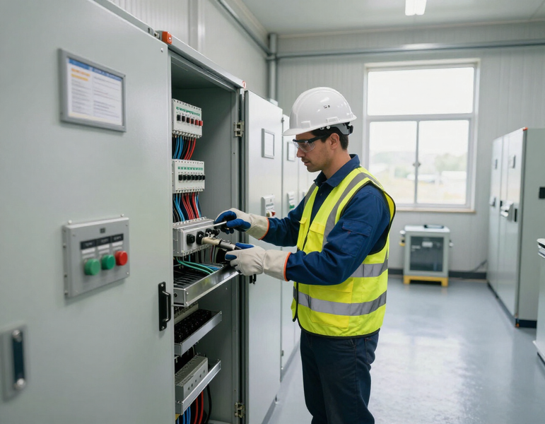 Técnico con casco y chaleco de seguridad inspeccionando un panel de control eléctrico