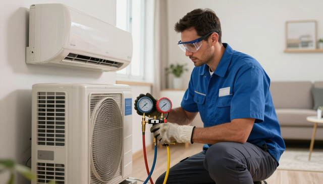 Técnico con uniforme azul revisando un aire acondicionado con manómetros en una sala de estar.