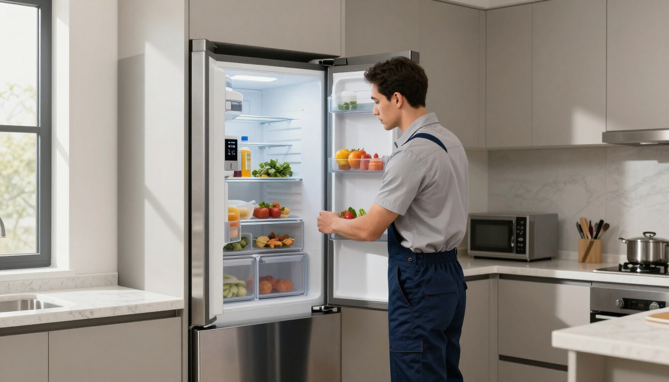 Un hombre reabastece de alimentos un refrigerador abierto en una cocina moderna.