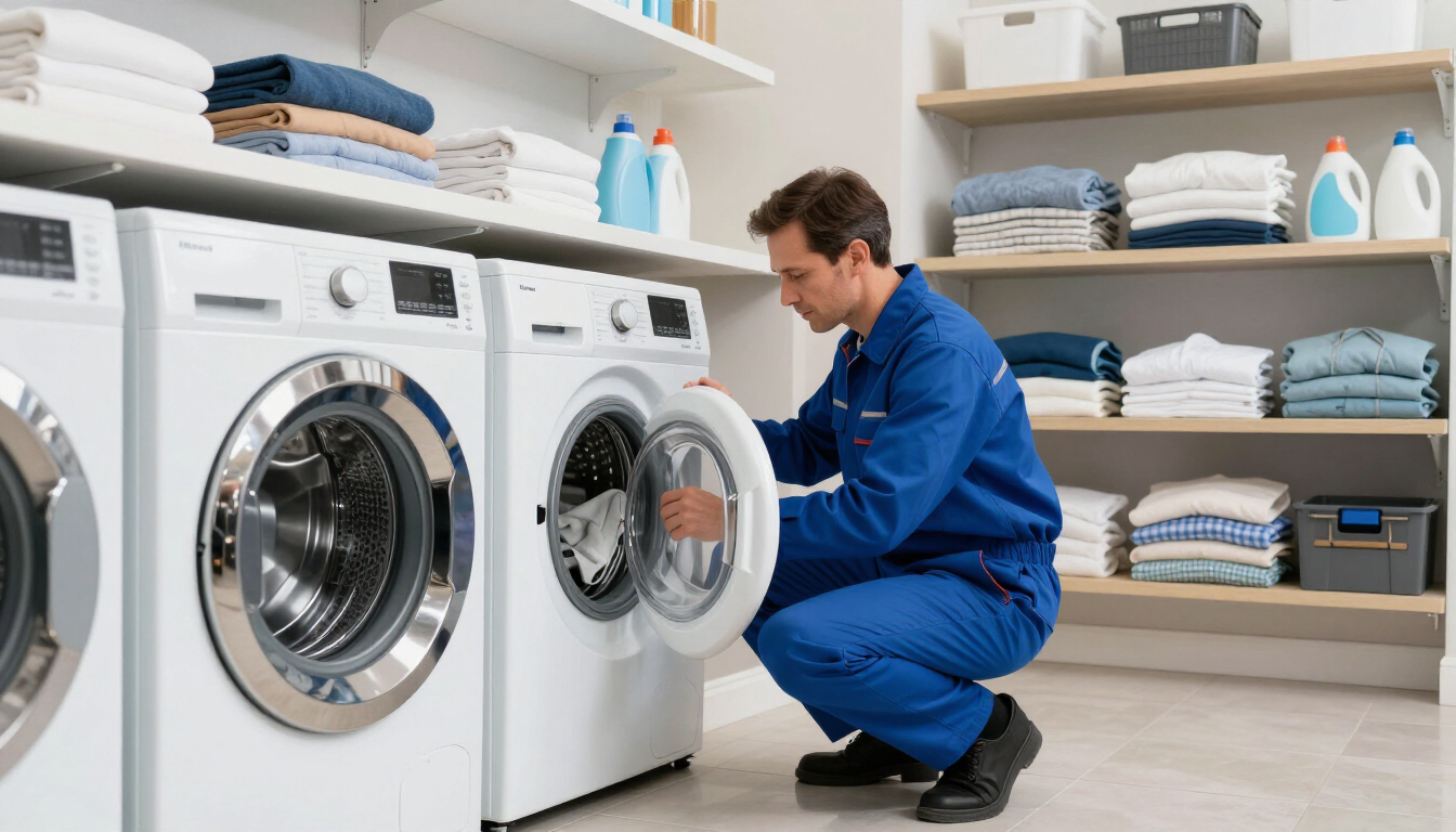 Técnico con uniforme azul inspeccionando una lavadora de carga frontal en una lavandería.