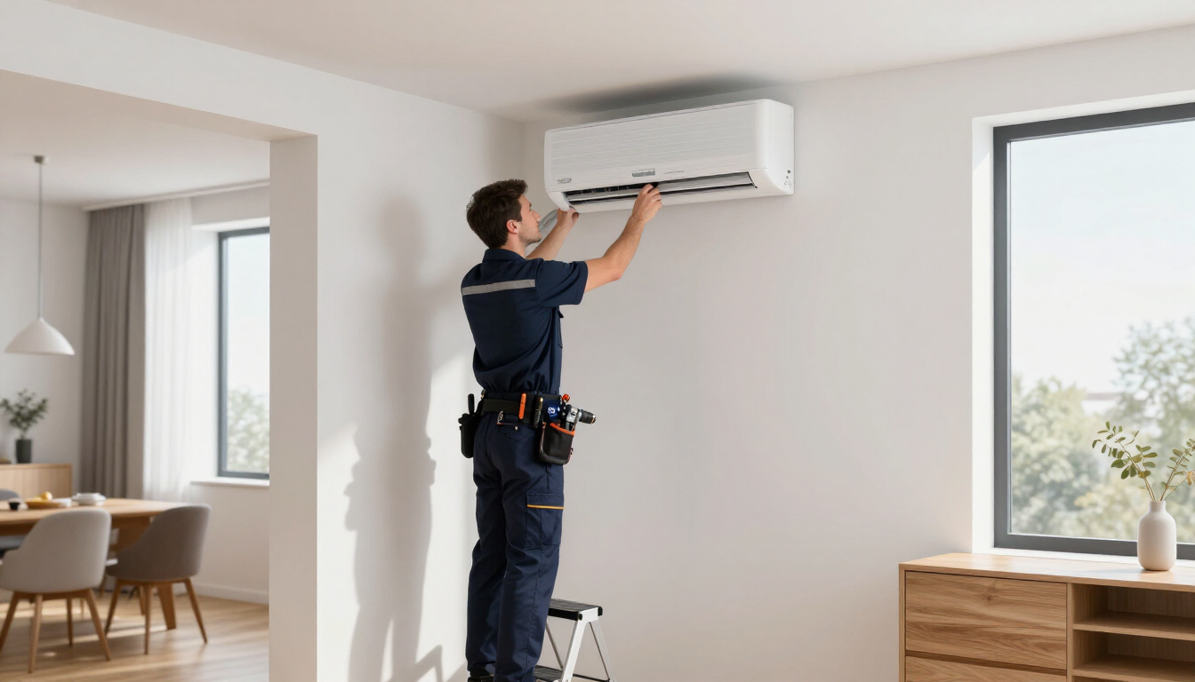 Técnico limpiando un aire acondicionado de pared en una sala de estar luminosa.