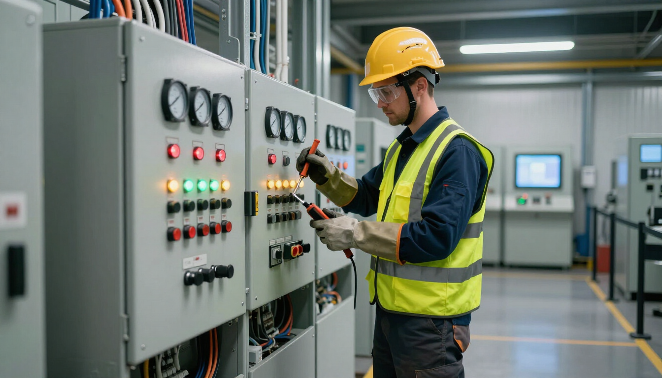 Técnico con casco inspeccionando un panel de control eléctrico en un pasillo de una fábrica.