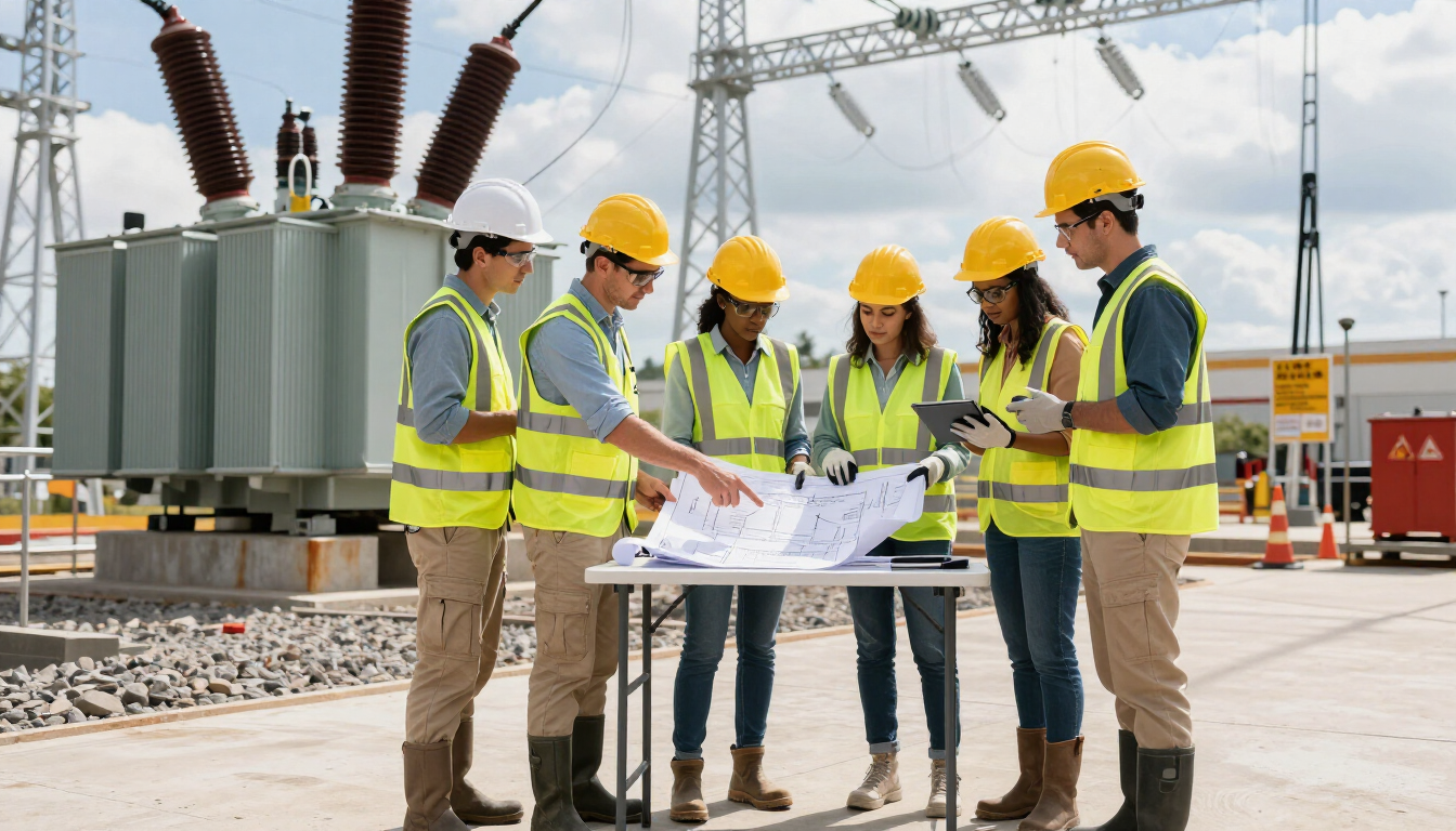 Un equipo de construcción con cascos amarillos revisa los planos en una obra.