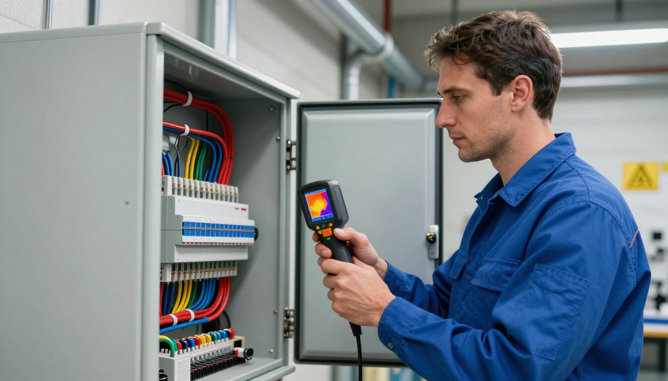 Técnico inspeccionando un armario eléctrico abierto con una cámara térmica en el interior.