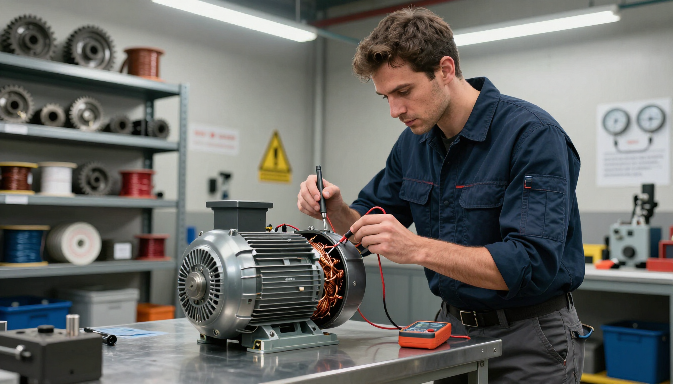 Un técnico prueba un motor eléctrico en un taller, conectando cables a los devanados de cobre.