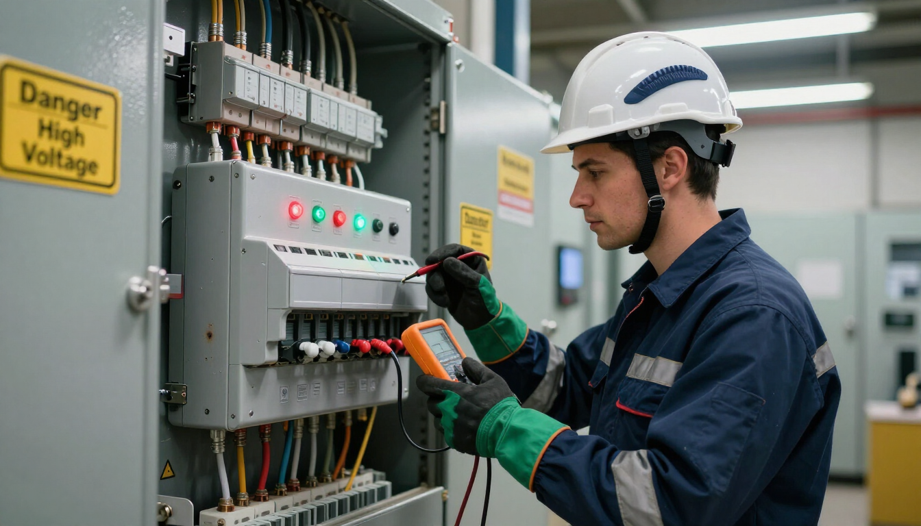 Técnico con casco probando un panel eléctrico con un multímetro en una sala de control de alta tensión.