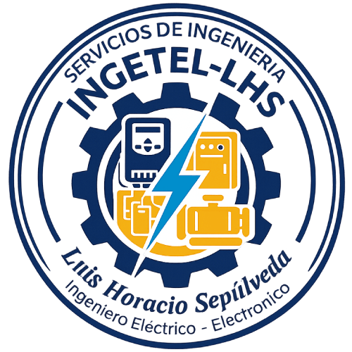 Logo circular azul y blanco de INGETELL-HLS con engranes, rayo y texto de servicios de ingeniería.