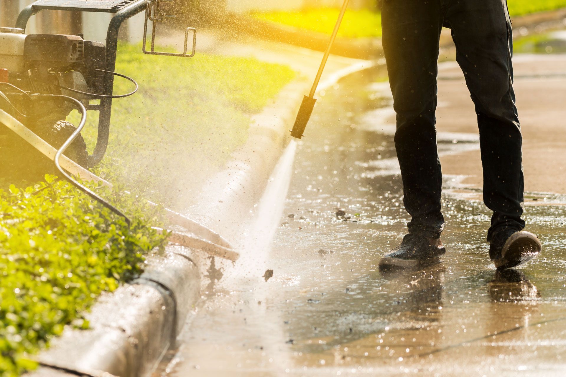 Person pressure-washing a wet sidewalk near a grassy curb with bright sunlight and spray mist