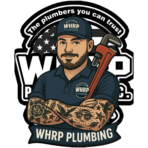WHRP Plumbing logo with a tattooed plumber holding a wrench, in navy and black, with slogan “The plumbers you can trust.”