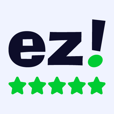 Ez! logo with dark navy text, green exclamation mark, and five green stars on a light background