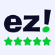 Ez! logo with dark navy text, green exclamation mark, and five green stars on a light background