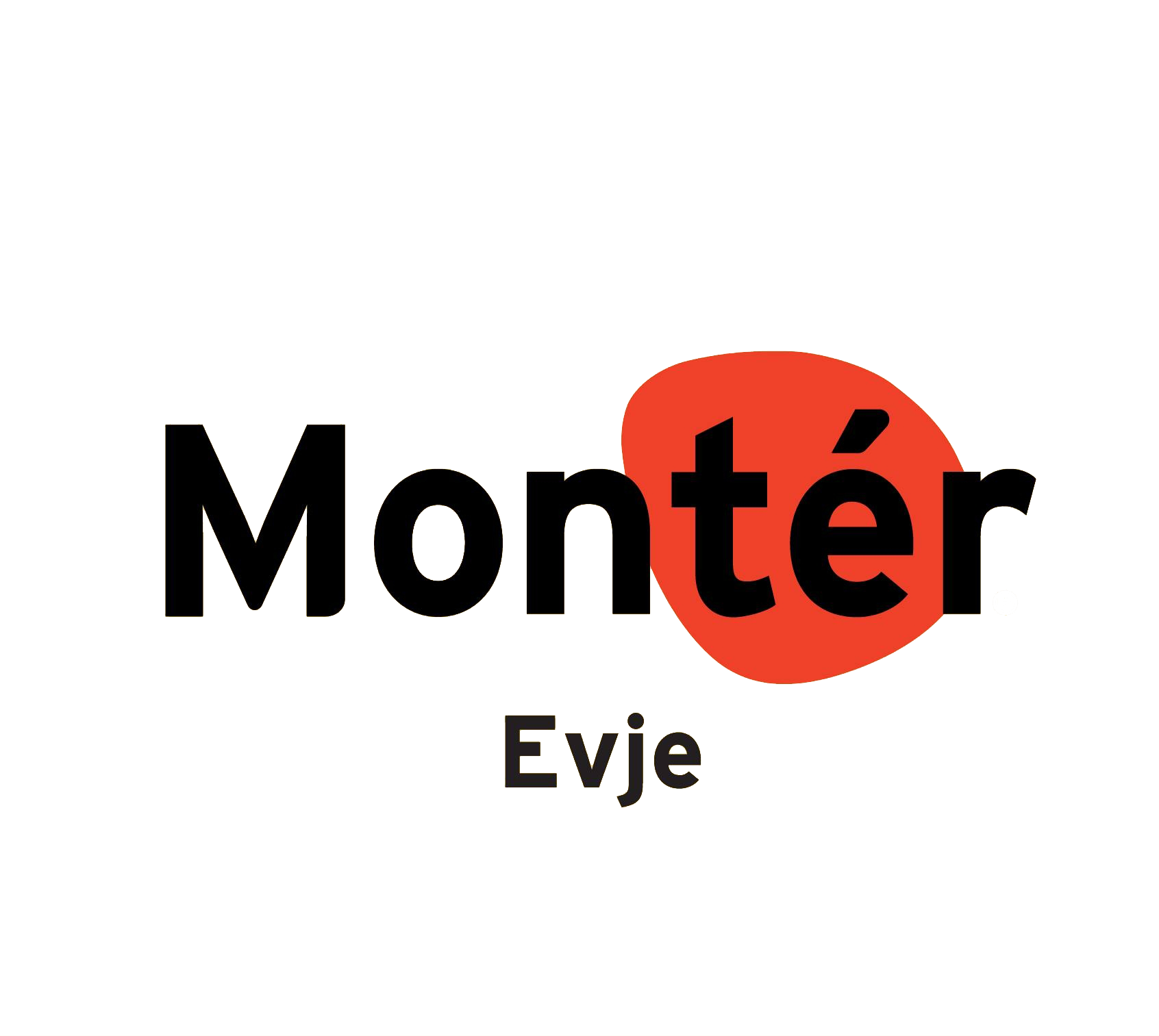 En svart og rød logo for monter evje på hvit bakgrunn.