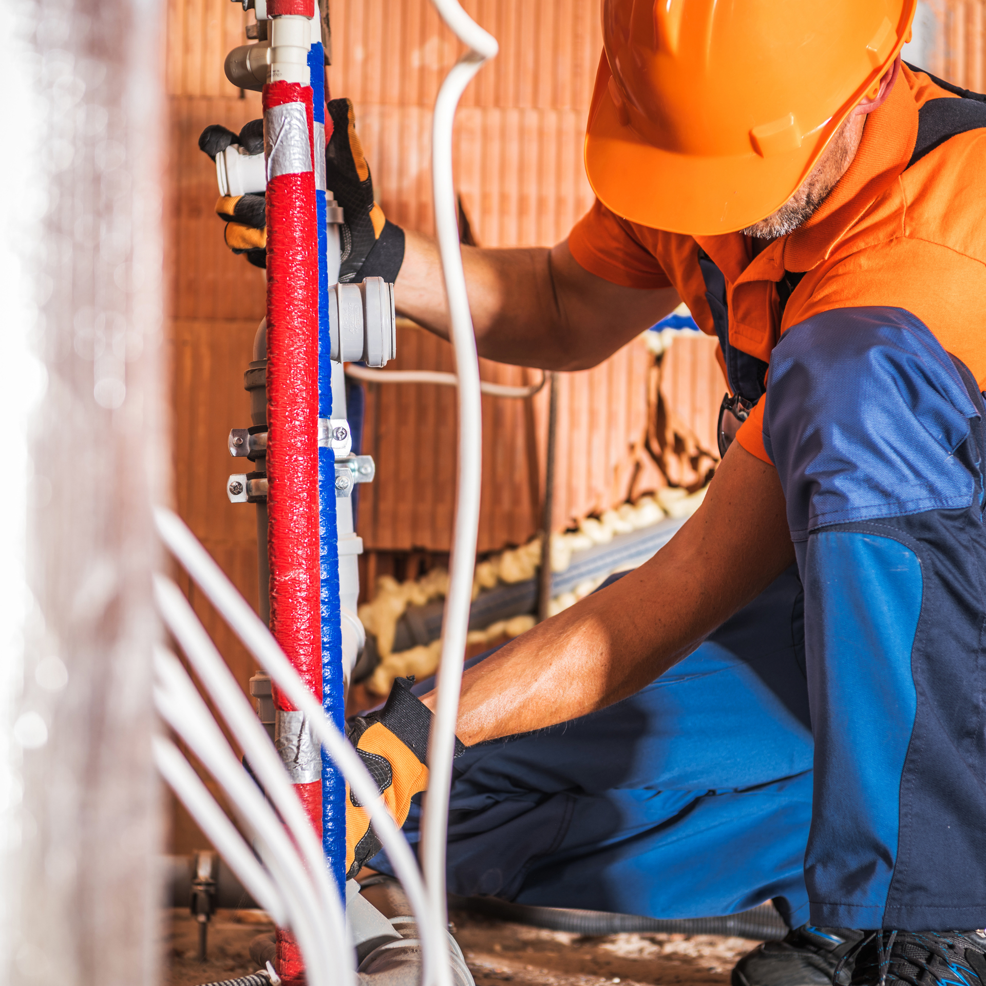 Plumber in orange hard hat and work clothes installing pipes inside a building.