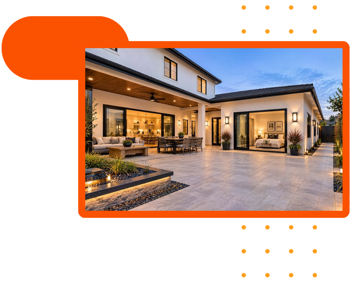 White attached ADU addition with landscaped courtyard in Manteca CA