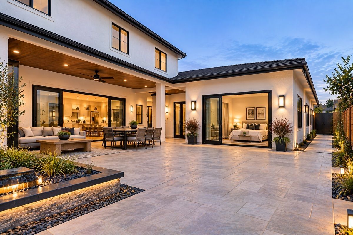 White attached ADU addition with landscaped courtyard in Manteca CA
