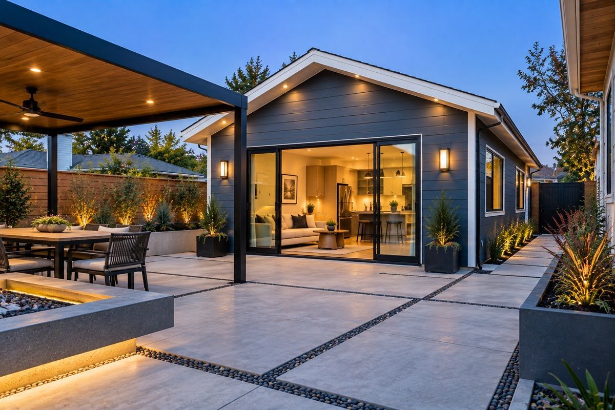 Blue detached conversion ADU with covered patio in Manteca CA
