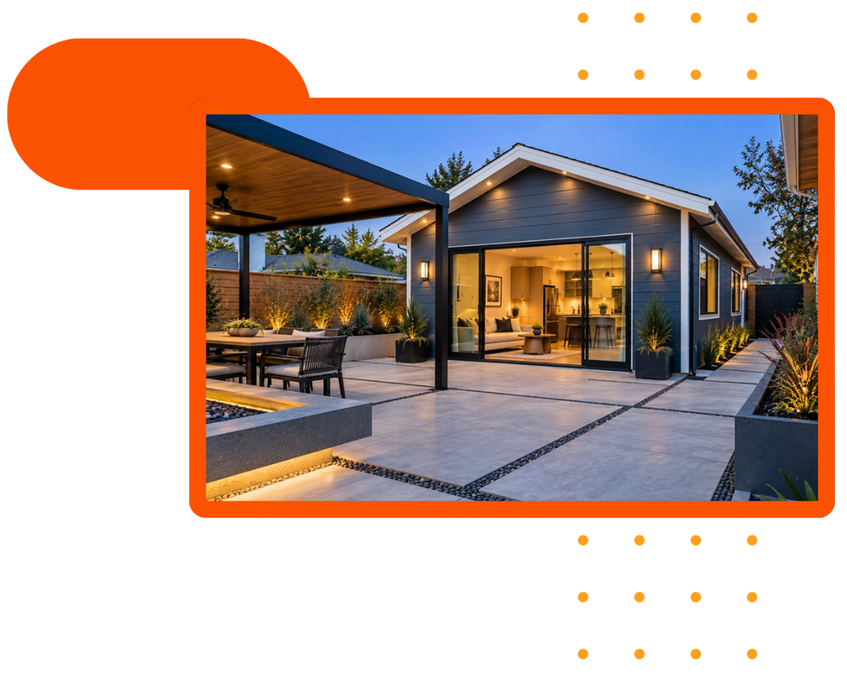 Blue detached conversion ADU with covered patio in Manteca CA