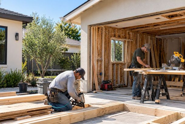 Two contractors working on a garage ADU construction project in Manteca
