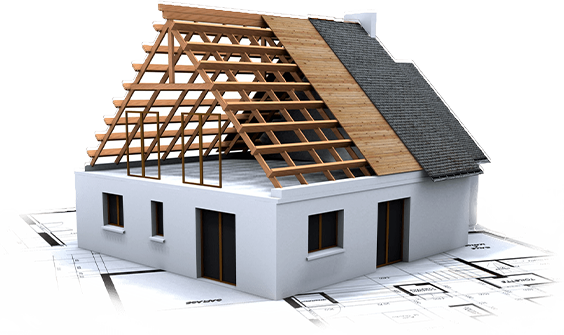 House under construction with exposed roof framing and partially completed shingle roof on a blueprint.