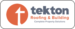 Logo for Tekton Roofing & Building: Orange circle with upward arrow, name, and tagline.