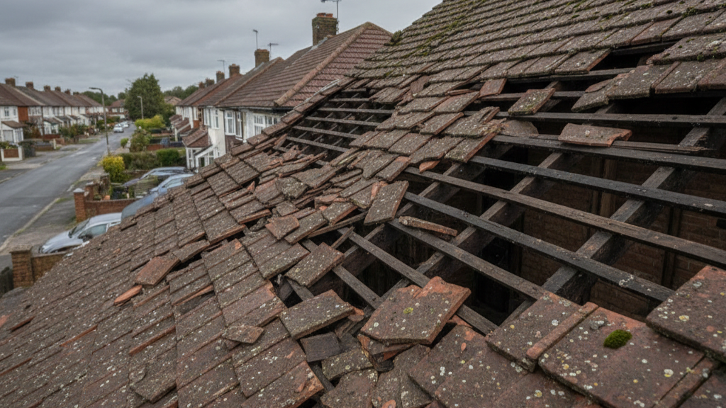 Damaged roof with missing tiles, revealing wooden beams, houses in the background, overcast sky.
