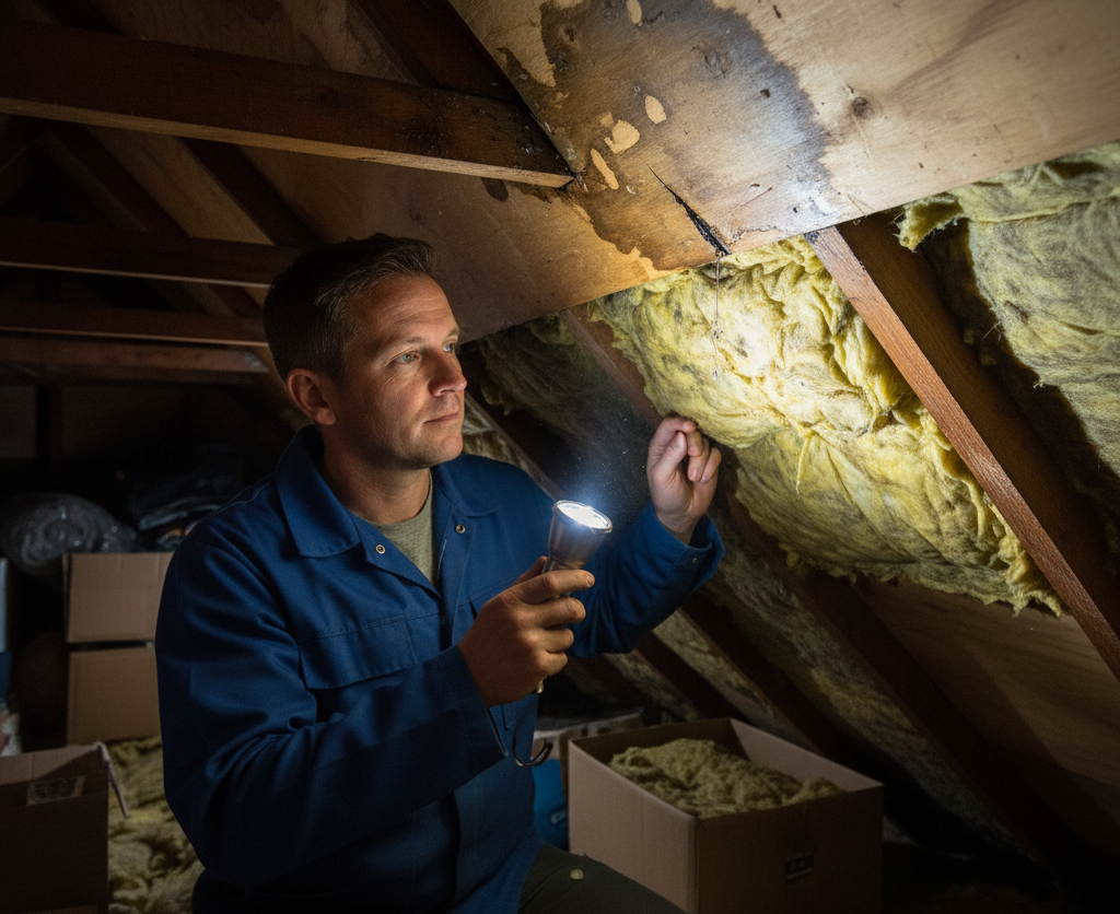 Man in blue overalls inspecting an attic with a flashlight, looking at insulation.