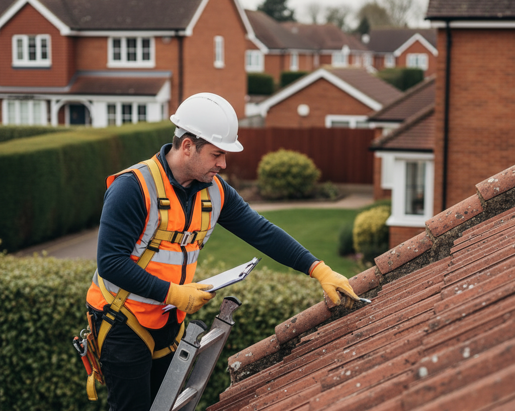 Roofer in safety gear inspects roof tiles, holding clipboard in suburban setting.