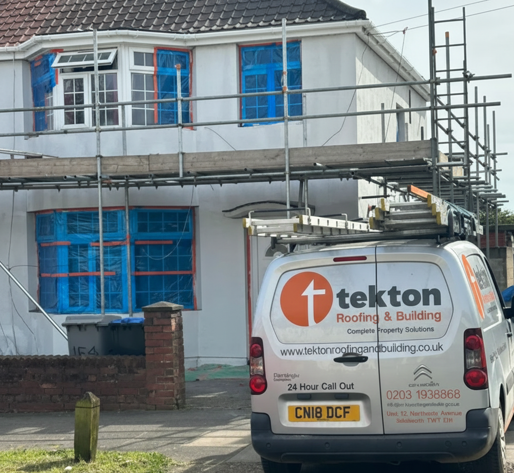 White house under renovation with scaffolding; Tekton Roofing & Building van parked in front.