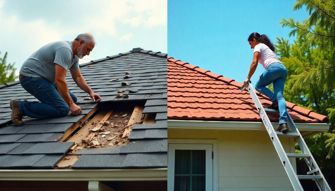 A man is kneeling on a roof next to a woman on a ladder.