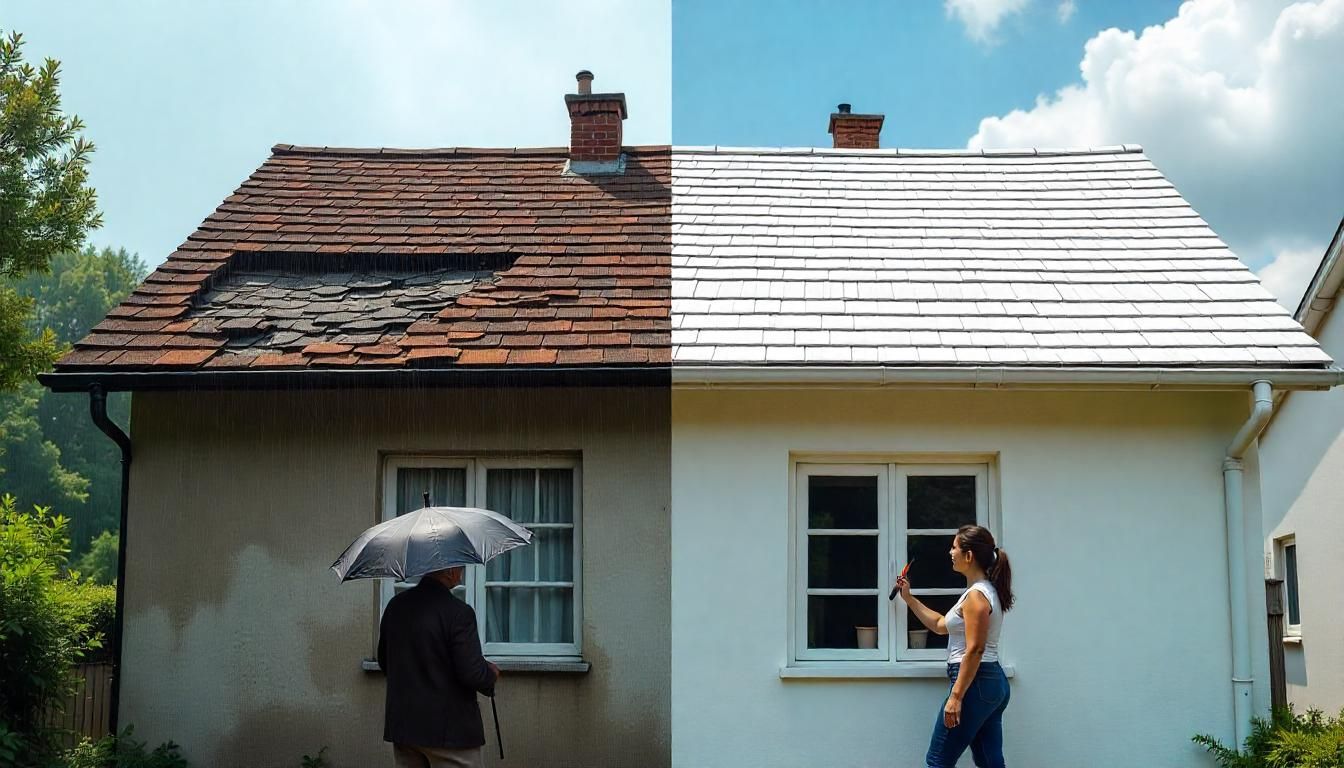 A before and after picture of a house with a woman holding an umbrella.