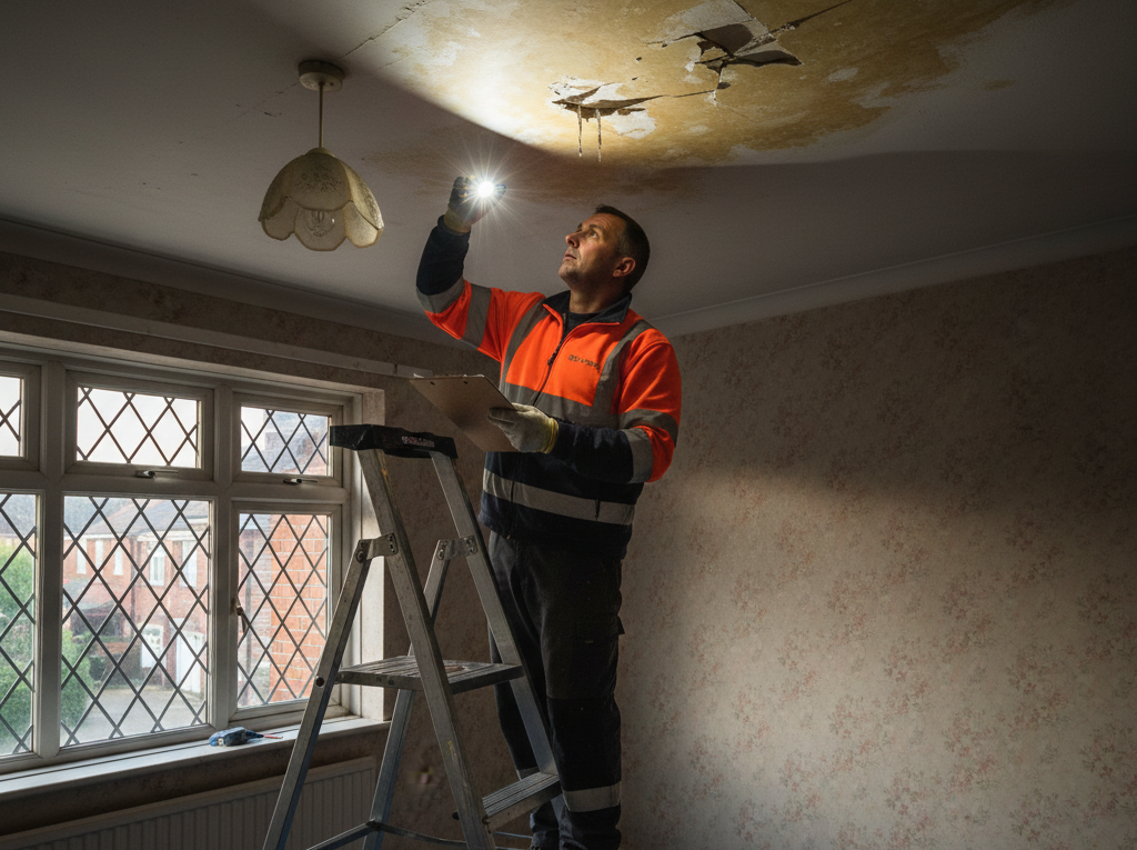 Man on ladder inspecting ceiling damage with a flashlight. He wears a reflective vest in a room with a window.