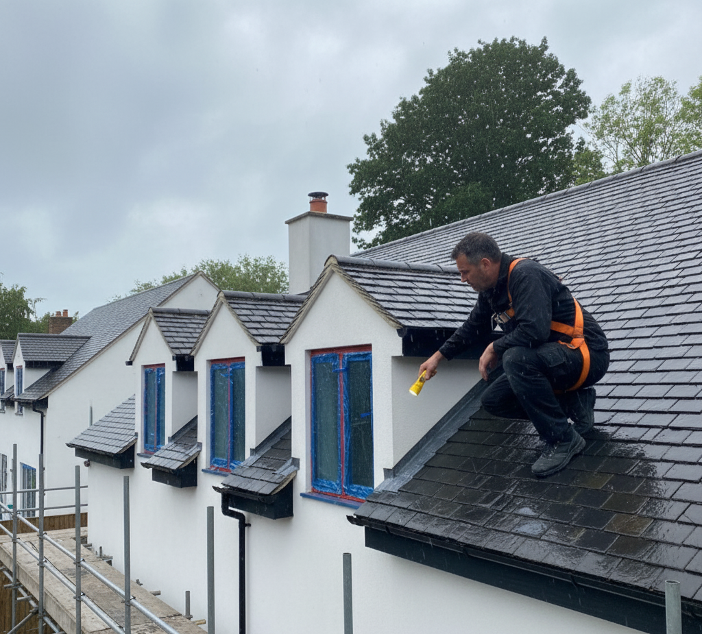Roofer inspecting a dark gray shingle roof on a white building, overcast sky.