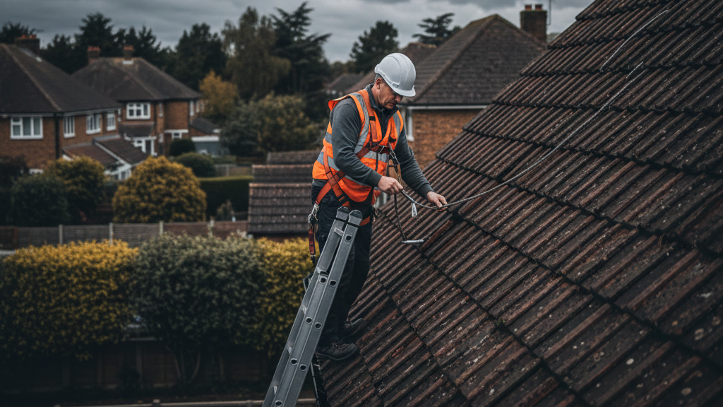 Professional UK roofer in safety harness on a ladder inspecting dark, angled roof tiles on a residential property