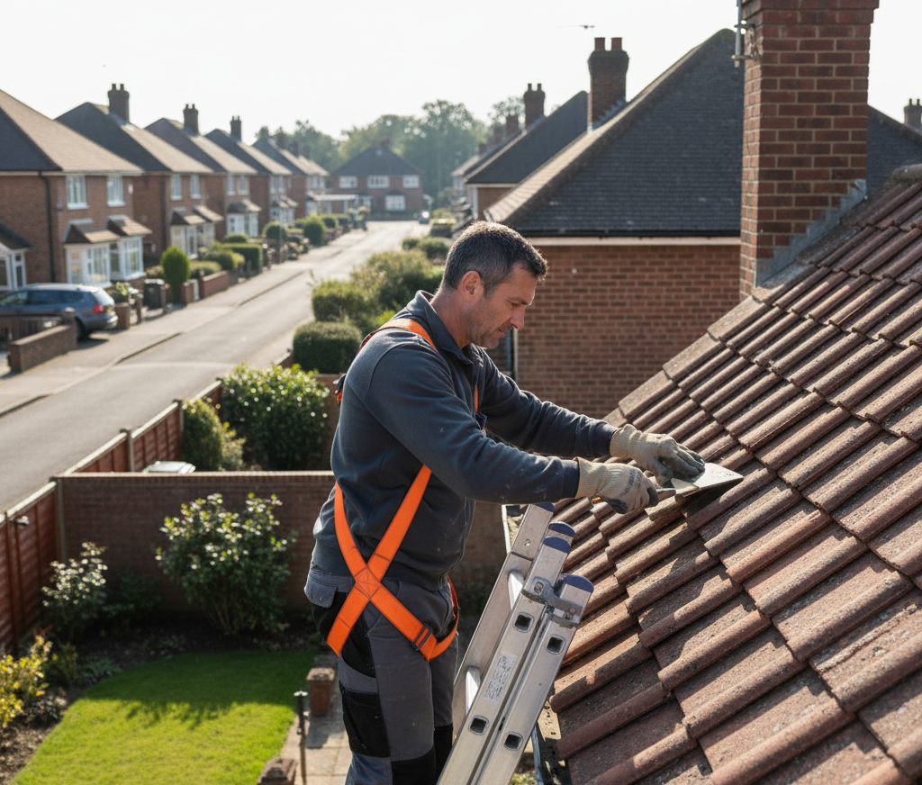 Professional roofer in Oxford repairing tiled roof on a residential home.