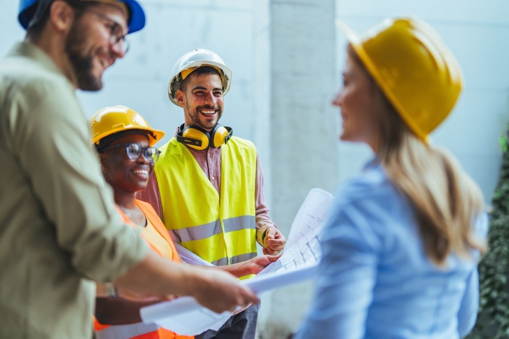 Construction team in hard hats shaking hands on a job site, with a safety vest and blurred office background