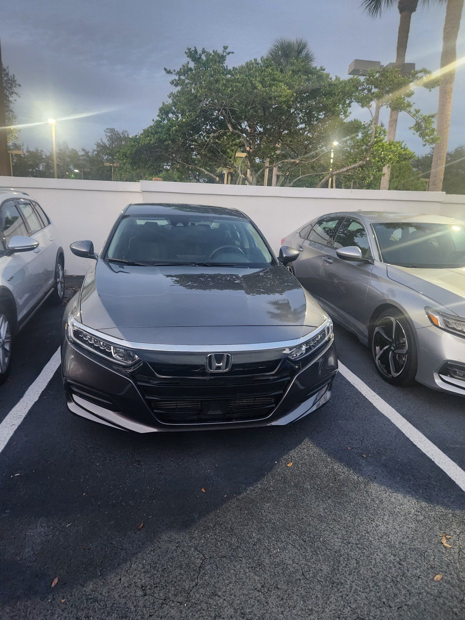 A dark grey Honda Accord parked in an outdoor lot between two other vehicles during the evening.