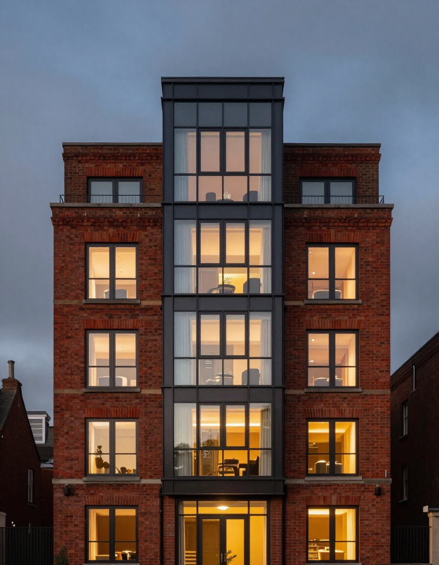 Property — UK mixed-use exterior at dusk