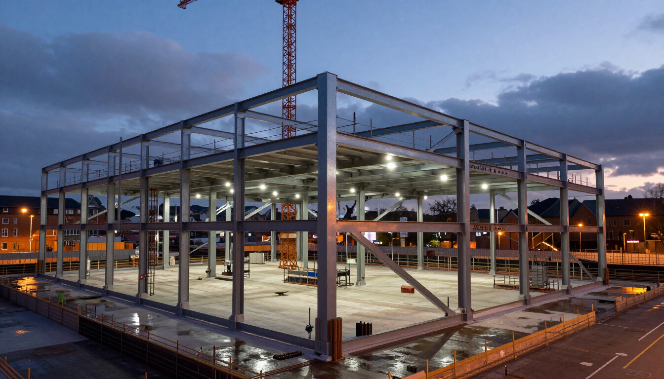 Commercial building construction site at dusk