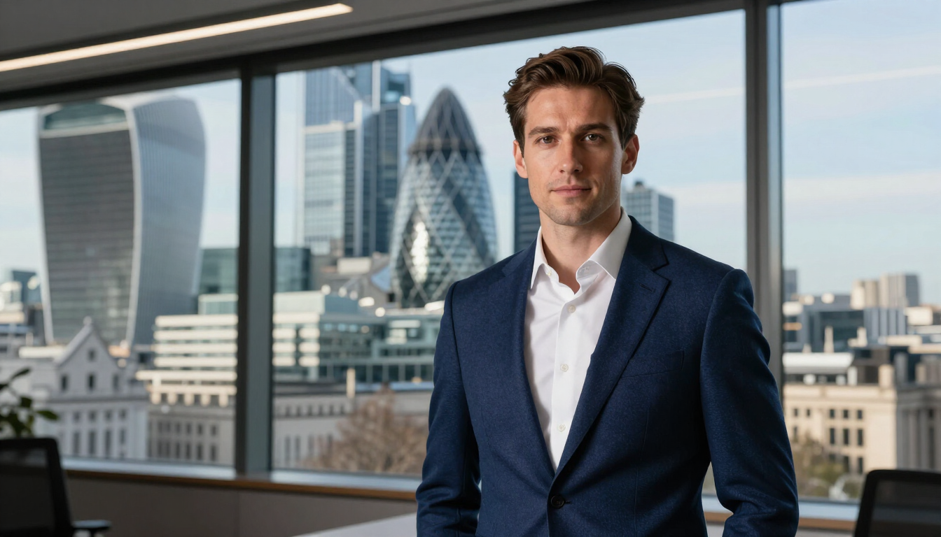 Professional in contemporary office overlooking UK city